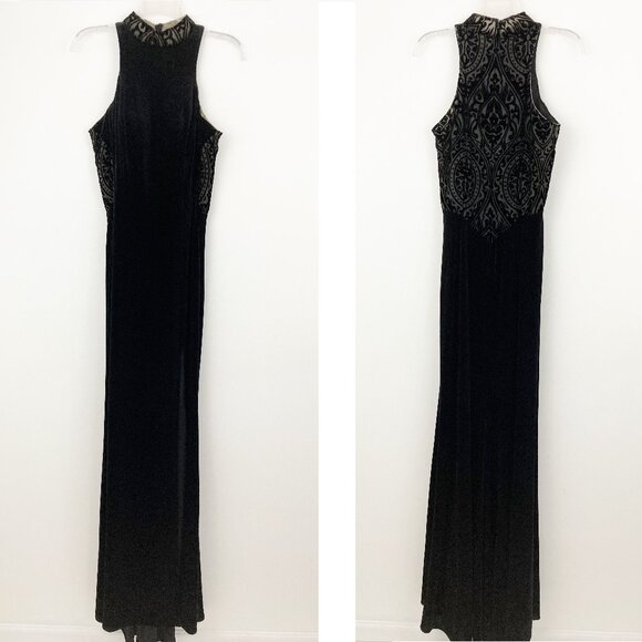 La Femme Black HIgh Neckline Velvet Fitted Formal Gown Size 8 Side Slit 25559 - Picture 2 of 12